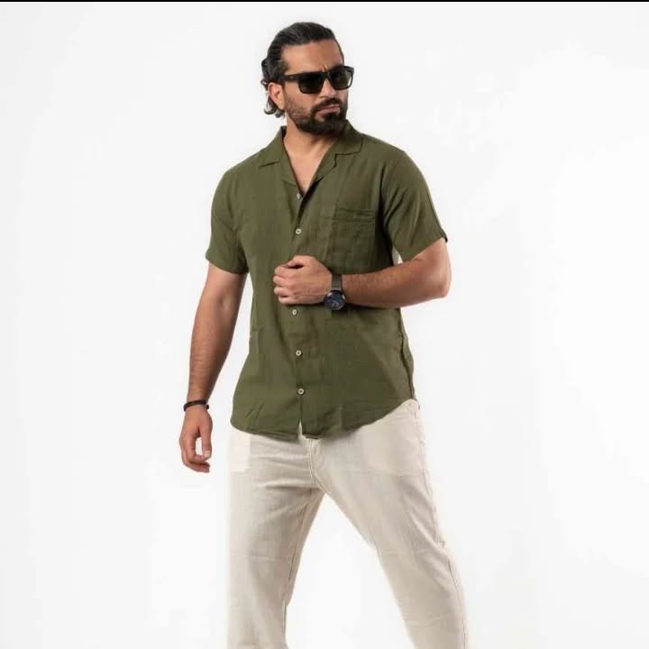 پیراهن نخی کنفی سوزنی یقه انگلیسی آستین کوتاه